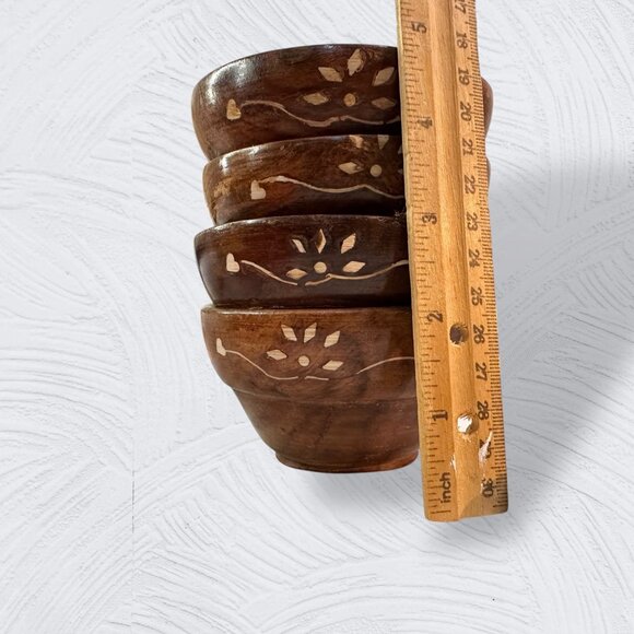 Sheesham Hand-Crafted Wooden Bowls Matching Spoons Set Of 4 With Floral Inlay De - Picture 6 of 16